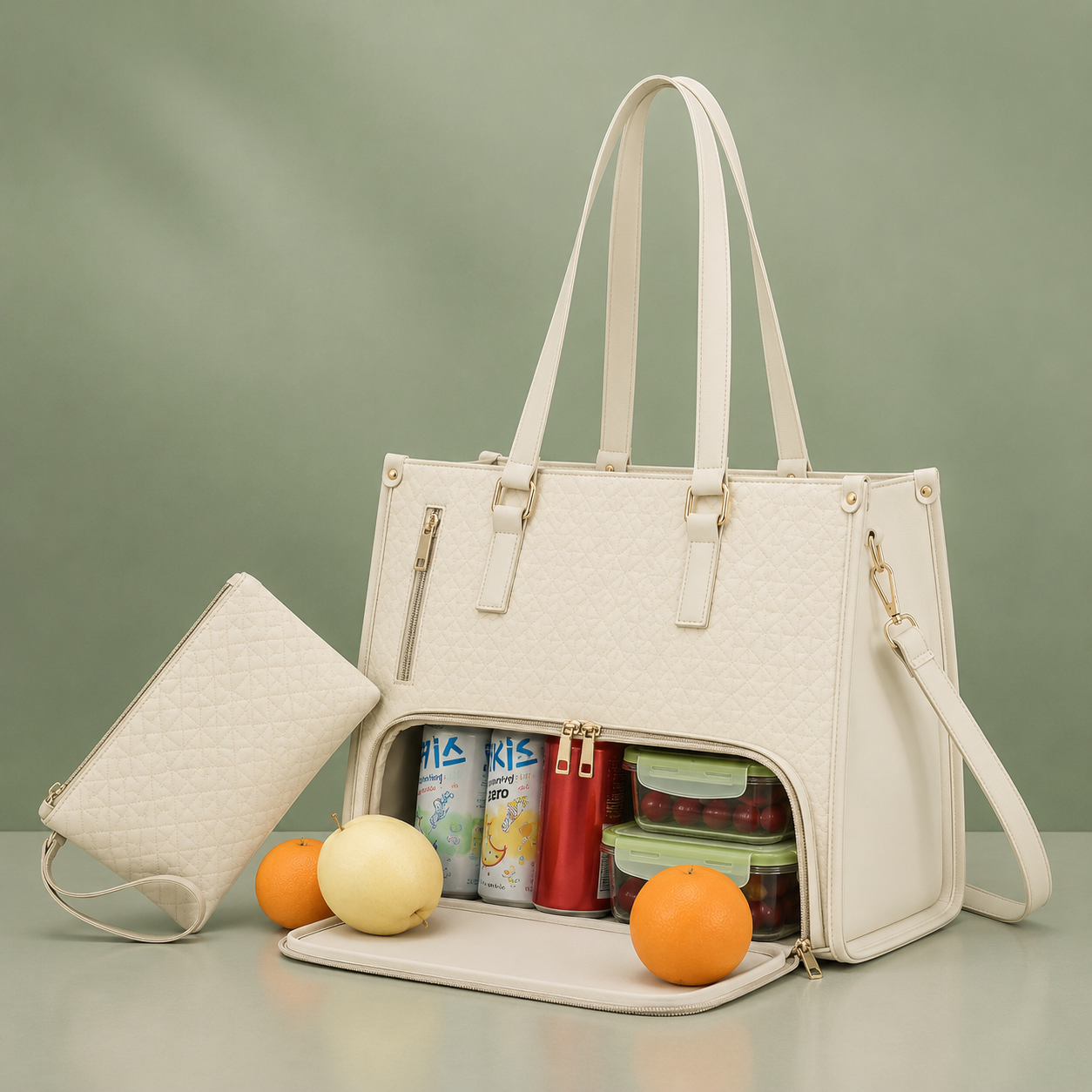 Women's Premium Lunch Tote & Pouch Set(Cream)