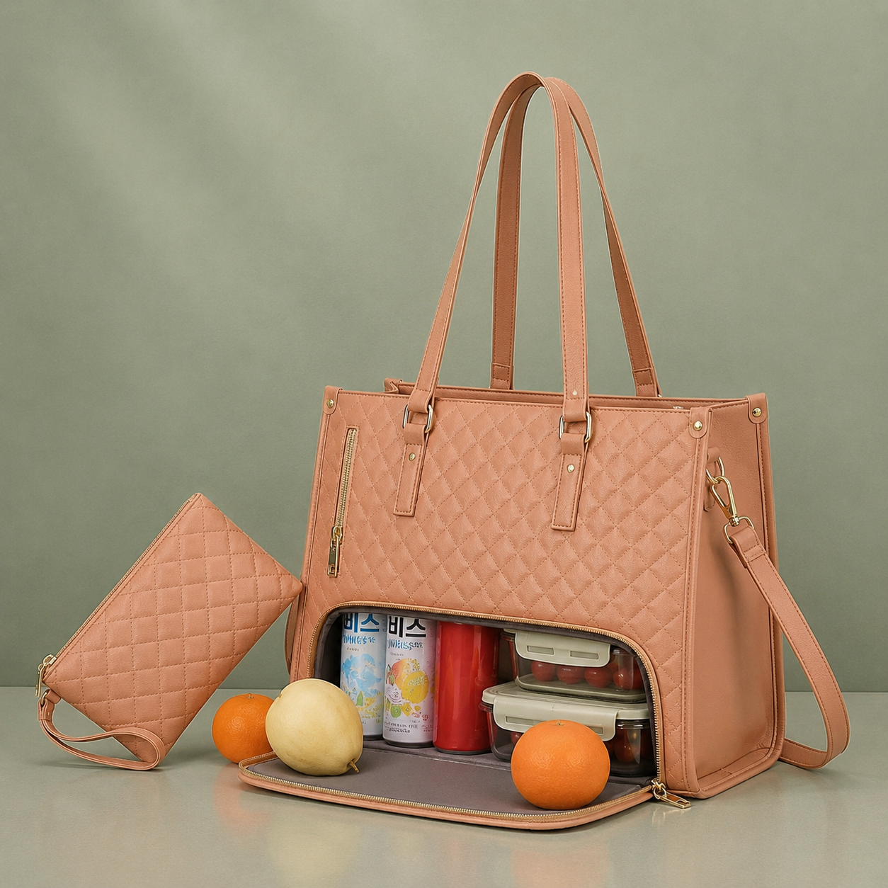 Women's Premium Lunch Tote & Pouch Set(Pink)
