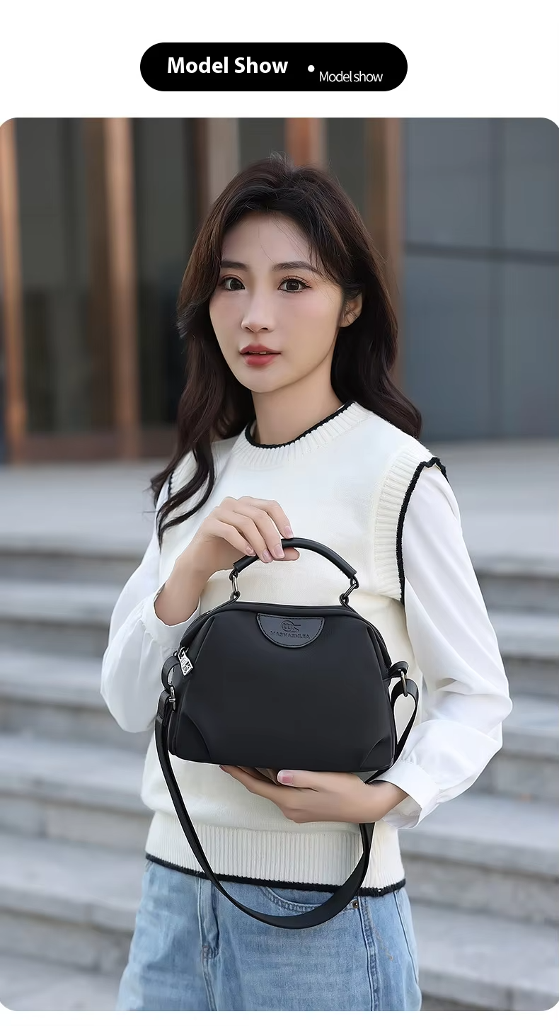 New Portable Nylon Cloth with Cowhide Shoulder Bag(Black)