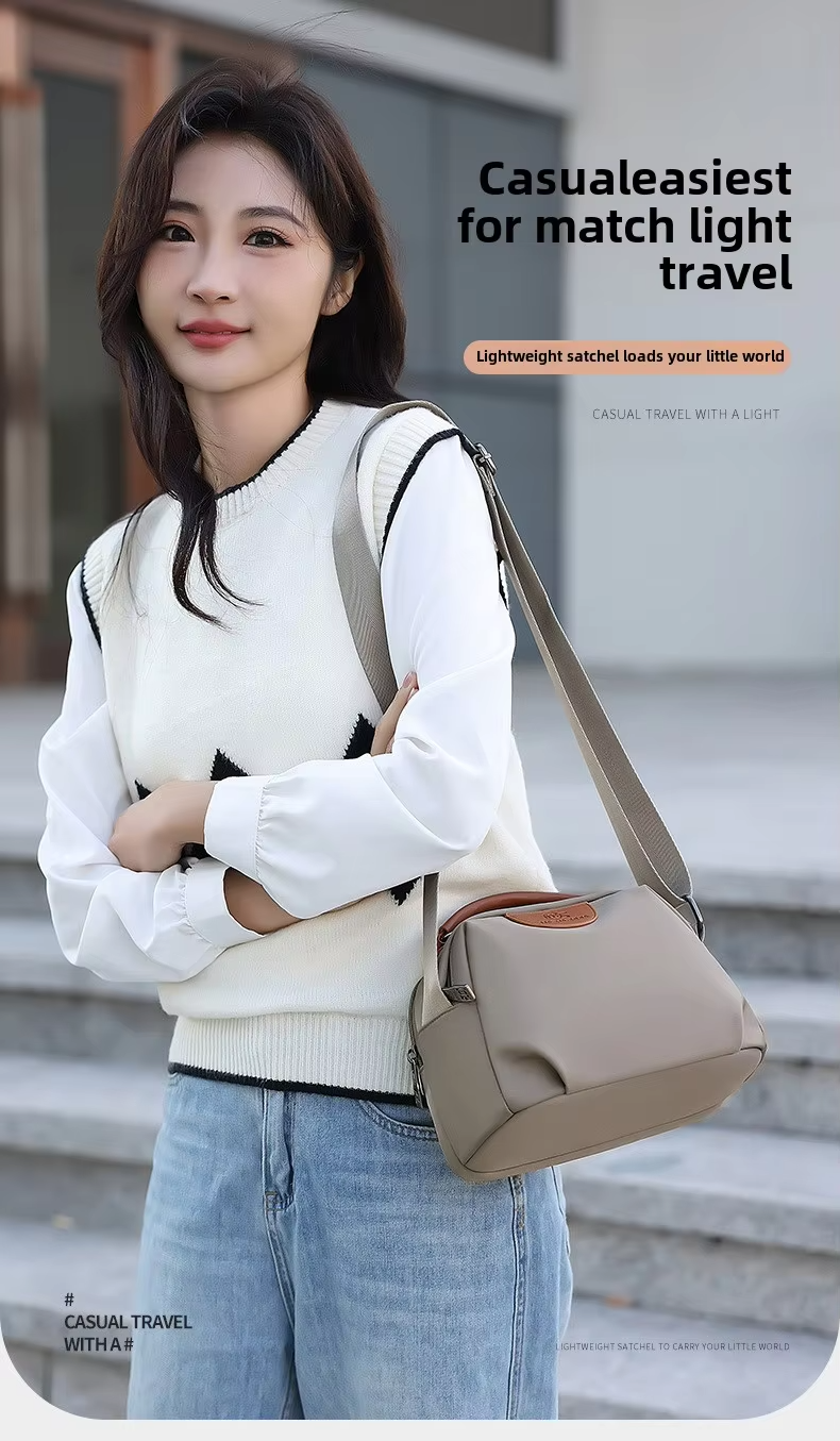 New Portable Nylon Cloth with Cowhide Shoulder Bag(Grey)