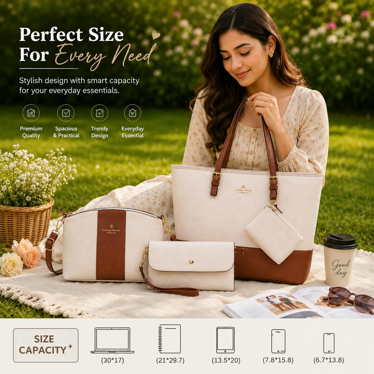 Premium 4-Piece Ladies Bag Set(Cream)