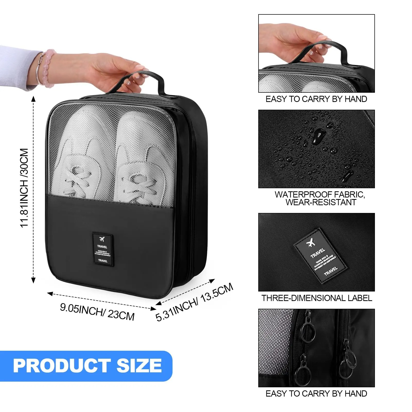 Waterproof Shoe Bags for Travel Bag for Packing Portable Shoe Cubes (Black)